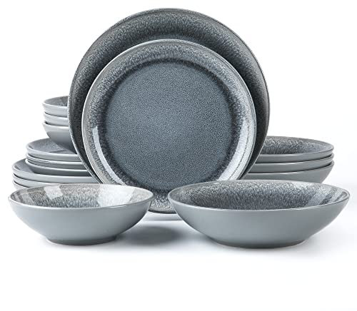 Arora FAIT Round Stoneware 16pc Double Bowl Dinnerware Set for 4, Dinner Plates, Side Plates, Cereal Bowls, Pasta Bowls - Reactive Glaze Grey (439699)