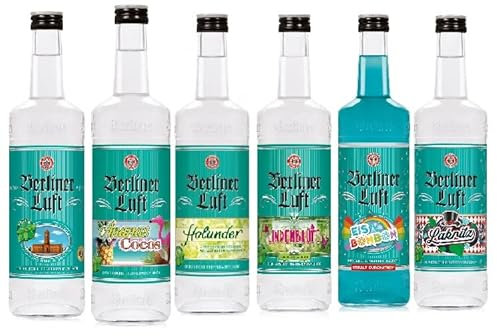 6 Flaschen Berliner Luft Mix aus 6 Sorten a 0,7 Liter 1x Ananas Cocos, 1x Berliner Luft Original, 1x Eisbonbon, 1x Lindenblüte,1 x Holunder, 1x Lakritz