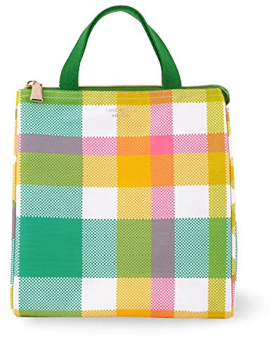 Kate Spade New York Portable Soft Cooler Lunch Bag, Small Insulated Tote, Thermal Lunch Bag with Silver Insulated Lining and Storage Pocket, Spring Plaid