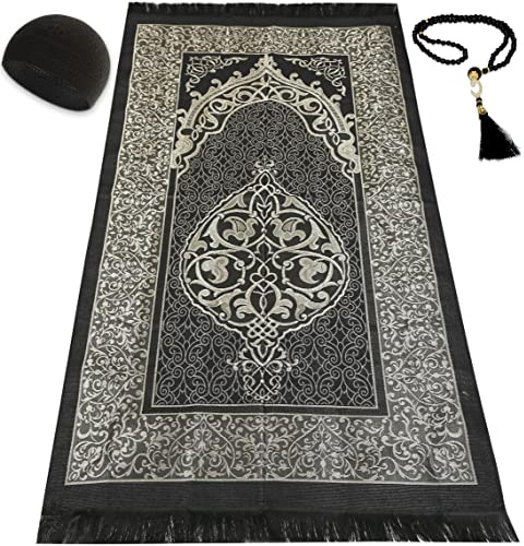 Kapobia Muslim Prayer Rug Prayer Beads Kufi Hat for Men and Women 100% Breathable Black Skull Beanie Traditional Desing Prayer Mat Eid Ramadan Gifts Islamic Set Salah Mat Taffeta Fabric Soft (Black)