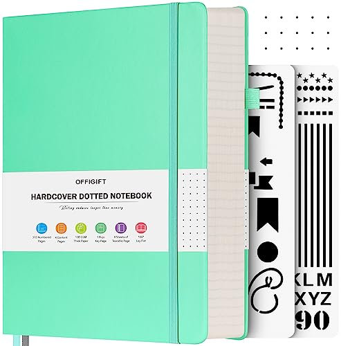 OFFIGIFT Notizbuch A5 Dotted, Hardcover Tagebuch mit 312 Nummerierten Seiten, 100g/m² Tintenfestes Papier Gepunktete Notizbücher mit Registerseiten, Tagebuch für Erwachsene, 14,5 x 21,5 cm, Blaugrün