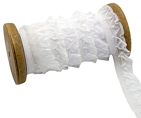 5Yard Vintage Elastizität Spitzenband,Plissierte Spitze,Geraffte Rüschen Chiffonband,Dekoband Zierband Spitzenstoff Spitzenborte für Nähen Handwerk Hochzeit Party Deko 2cm,Weiß