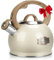 Hauce Radio Tea Kettle, 2.1 Quart Stove Top Whistling Tea Kettle, Teapot with Food Grade Stainless Steel and Wood Pattern Folding Handle, Suitable for All Heat Sources,(Milky White)