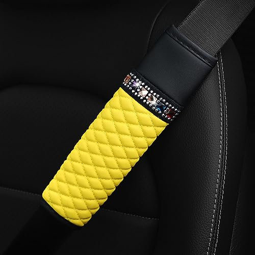 1 Stück Auto Gurtpolster, PU Leder Kristall Glitzer Bling Bling Auto Gurtschutz,Gurtpolster Auto,Polsterung für Sitzgurt im Auto,Gurtkissen Auto Sicherheitsgurt Schulterpolster Schutzkissen,Gelb