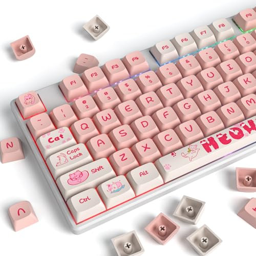 Ussixchare 129 Key PBT Keycaps Dye-Sublimation Anime Keycap Set for 60% 75% 100% Cherry Gateron MX Switches Mechanical Gaming Keyboard (Peach Cat)