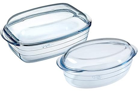 Ôcuisine® Large Rectangular Casserole Glass Dishes with Handles Oven Safe Borosilicate Glass Made in France (Rectangular & Oval Casserole Set of 2 (Oval 4.1LT & Rectangular 6.7LT))