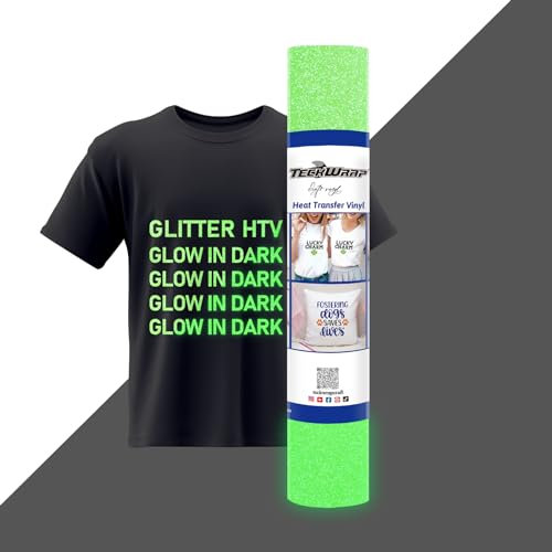 TECKWRAP Glow in Dark Glitter HTV Glitter Heat Transfer Vinyl Roll 10 x 5ft for DIY Clothing,T-Shirts,Fabric Luminous Glitter Iron on Vinyl Compatible with Heat Press Craft Cutters,Green