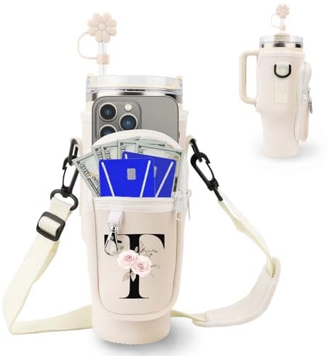 Initial Personalized Water Bottle Bag for Stanley 40oz Tumbler,with Phone Pocket,Neoprene Water Bottle Carrier with Adjustable Strap and Straw Cover & Carabiner,for Stanley Cup Accessories (T)