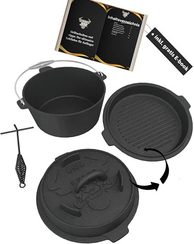 ELITE BBQ Cast Iron Casserole Pot 4,2 Liter ohne Füße, Gusseisentopf Popcorn Maker Lagerfeuer, Einfaches kochen ohne Strom, Lodge 4.5 Quart Enameled Cast Iron Dutch Oven, Duch ofen Suppenkessel