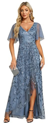 Ever-Pretty Women's Maxi Evening Dresses Sequin Embroidered Double V Prom Dress with Ruffles Sleeve Bridesmaid High-Low Dress Dusty Blue 12UK