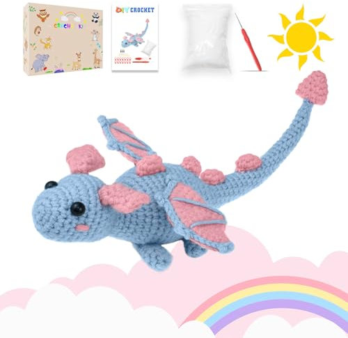 Terself Häkelset für Anfänger, Tiere häkeln lernen – Schritt-für-Schritt-Video-Tutorials, Anfänger-Häkelset für Kinder und Erwachsene, schöner rosa-grauer Drache (40 %+ Garnanteil)