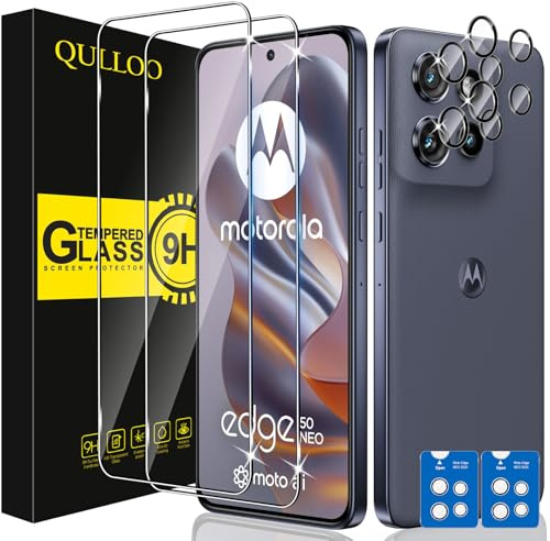 QULLOO Verre Trempé pour Motorola Moto Edge 50 Neo, Protection écran avec Caméra Protecteur, Ultra Résistant Dureté 9H HD Transparent Film Protecteur D'écran- 2+2 pièces
