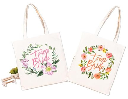 JAONLD 2 Stücke Jutebeutel Einkaufstasche 26 * 33 cm Personalisierte Geschenke Frauen,Langer Griff,Stoffbeutel Baumwolltasche Geschenk für die Braut Oder Brautjungfern(TeamBride Rosa,Orange)