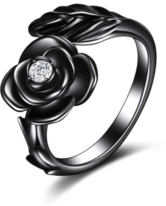 Bague en forme de fleur rose pour femme en argent sterling 925 - Bague de pouce - Pistolet plaqué noir - Bague rose - Cadeau pour maman et femme, Normal, Argent sterling, Aucune pierre précieuse