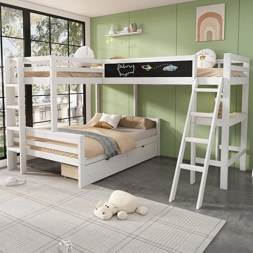 FEZTOY Hochbett mit schubladen für DREI Kinder, Kinderbett Etagenbett mit Schreibtisch&Tafel, Holzbett Bettgestell Kinderbett mit Rausfallschutz,140x200cm+90x200cm,ohne Matratze
