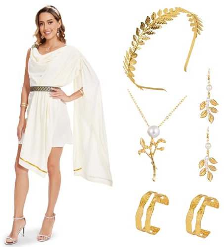 Joellfuner Disfraz Diosa Griega Mujer, Disfraz de Diosa Griega, Disfraz Mujer Carnaval, Disfraz Griega Mujer con Diademas Collares Pendientes y Pulseras (L)