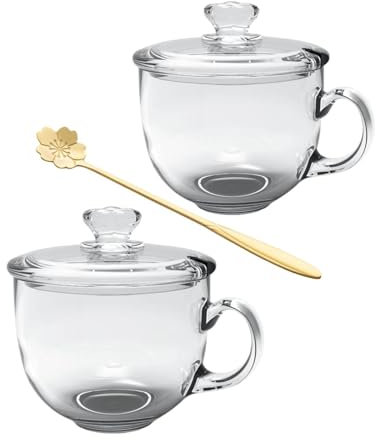 Tazas de café de vidrio con tapa, tazas de café transparentes con cuchara, juego de vasos para bar, vidrio de 15 onzas para capuchino, bebidas calientes y frías, 2 unidades