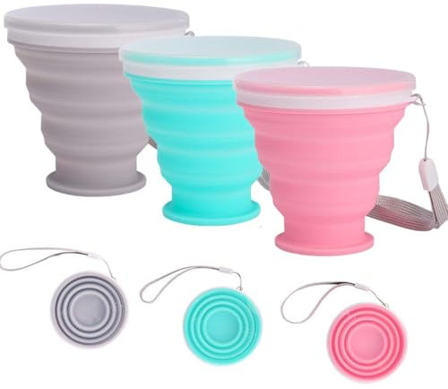 3 Piezas Vaso Plegable Silicona Vasos Plegables con Tapa Reutilizable Taza Plegable Tazas de Viajes Plegado Tazas de Acampada 200ml para Camping Senderismo Viaje Caminatas,vaso plegable