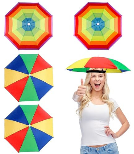 yotutun 4 Stück Regenschirm Hüte, Regenbogen Regenschirmhut Faltbarer Sonnenschirm Hut mit Elastischen Bändern Kopfschirm für Dekoration Kostüm Golf Radfahren Angeln Strand Gartenarbeit