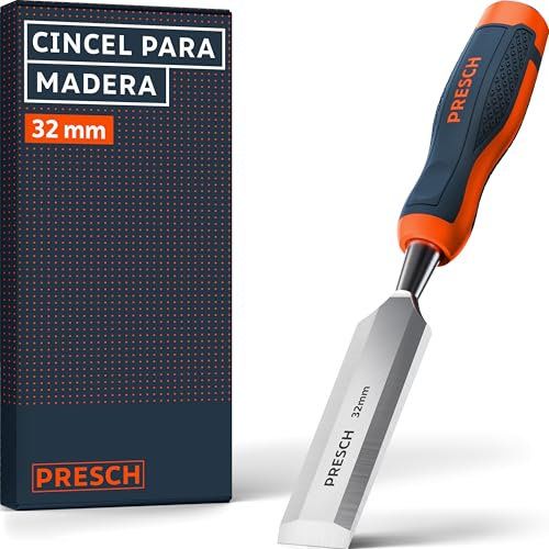 Presch Cincel para madera 32mm - Perfectamente afilado para uso inmediato - Profesional con ángulo de cuña de 25° - Robusta caperuza de impacto metálica - Mango ergonómico para un agarre seguro