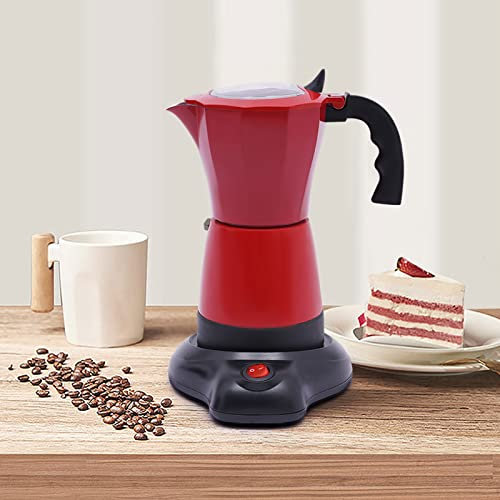 Moka Elettrika - Caffettiera elettrica in lega di alluminio, 300 ml, 480 W, per famiglie, 6 tazze, girevole a 360°, colore: rosso