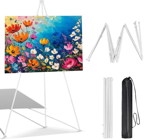66 Inch White Easel Stand for Wedding Sign, Portable Artist Easel Stand Metal Floor Easel Stand Tripod, Thicken Display Easel Stand Adjustable Height from 15 to 66 for Posters (White)