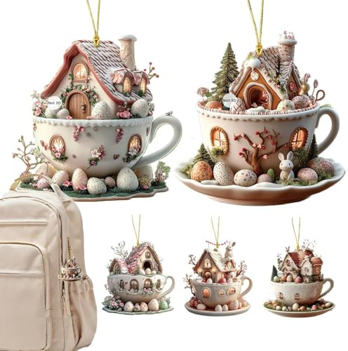 Kaffee Tasse Haus Ostern Eier Ornamente - 5 x Osterei Ornamente für Baum Kaffeetasse Haus Osterei Hangable de KOR 2D Acryl Ostern Ornamente Osterhasen hängende Dekorationen