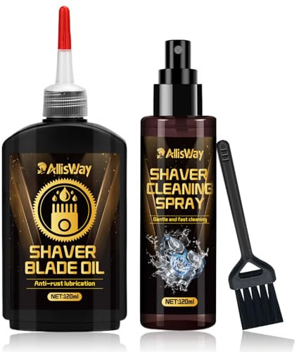 Allisway Set Scherkopföl und Rasierer Reiniger, Rasierer Öl, Scherkopfreiniger, Haarschneidemaschine Öl, Schmierung und Rostschutz, Entfernen Bartreste, Verlängern Sie Die Lebensdauer Ihres Rasierers
