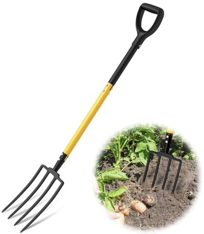 Fourche de jardin robuste à 4 dents avec poignées ergonomiques antidérapantes en D, manche de 114,3 cm de long, parfaite pour le jardinage, le creusage, la gestion des terres, le travail de cour