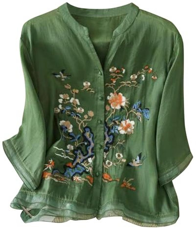 Kaftans Women Full Length Linen Shirt Women Summer Embroidery Linen Tunic Tops Retro Jacquard Short Sleeve Boho Blouse Casual Loose Fit Flowy Hem Tee Warehouse Deals Clearance B Green