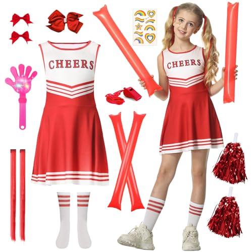 JONRRYIN Cheerleader Kostüm Kinder, Cheerleader Outfit Mädchen, Cheerleading Uniform Kleid mit Strümpfen Pompons Jubelstäbe, Kinder Faschingskostüm für Karneval Fasching Mottoparty (Rot, 130cm)