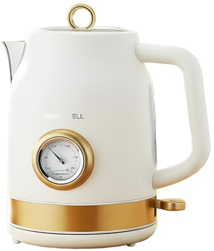 QUAXWELL Retro Electric Tea Kettle, 1.7L, Matte White and Gold