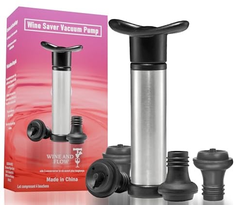 WINE AND FLOW Tappo per vino vuoto aria di qualità con 4 tappi per vino | Pompa per vino riutilizzabile conservazione del vino | Pompa per vuoto vino, tappo bottiglia vino, tappo champagne, idea