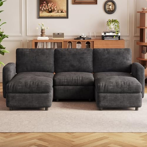 Guyii Modulares Samtsofa mit Stauraumhocker, kombinierbare Couch mit beweglichem Fußhocker, weiches Polstersofa für Wohnzimmer, Verschiedene Module und Sitzplätze (5-Sitzer (3-Sitzer + 2 Hocker))