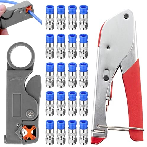 22-teiliges RG6 RG59 Koaxialkabel-Crimpwerkzeug-Set - Kompressionszange Kit mit 20 F-Stecker, Kabelabisolierer und Crimpwerkzeug - Crimpzange Koaxialkabel Set für RG6-Kabel und Kabelfernsehen