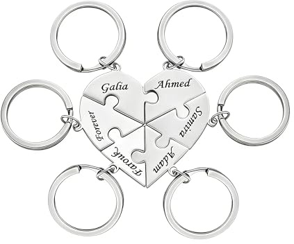 Jishiletao Personalized 2-12 Names Keychain Jigsaw Puzzle Split Heart Shape | Name Keychains Custom Stainless Steel Keychain Set Pendant Necklaces Matching Keychains for Couples, Friends