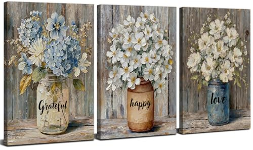 3 Panel Botanical Wall Art Rustic Mason Jar Flowers Pictures Farmhouse Wall Decor for Bathroom Living Room Watercolor Nature Floral Posters Paintings Still Life Artwork Home Decorations 12x16”