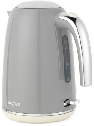 Salter Retro Kettle 1.7 L 3 kW Rapid Boil, Grey | 360° Swivel Base, Cordless Jug Design, Removable Limescale Filter, Water Level Window, Blue Indicator Light, Auto Shut-Off