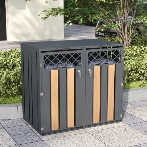 Cache-poubelle pour 2 poubelles (240 l) avec couvercle à charnière hydraulique et serrure à poubelles, revêtement résistant aux intempéries, en métal aspect bois, acier inoxydable avec ventilation