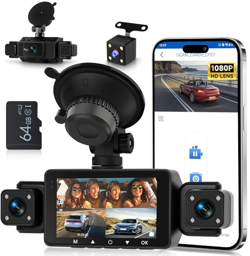 4 Channel 1080P Dash Cam with WiFi & APP, Hodozzy 3 Inch IPS Car Dash Camera, Quad-Camera Dash Cam with Night Vision, G-Sensor, Motion Detection, Reverse Parking Assistance for All Vehicles