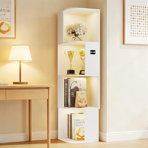 4 Stufiges Bücherregal mit LED Beleuchtung für Aufbewahrung,Holzfarben | 140 CM Vitrine mit Bewegungsmelder für Wandecken,Asymmetrische Schränke mit Abgerundete Kanten für Bücher