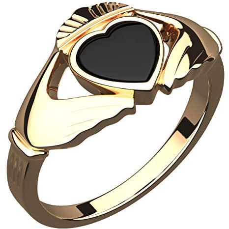 GWG Jewellery 18K vergoldeter Sterlingsilber Claddagh Ring Ungewöhnliches schwarzes Emaille Herz – 9 in Geschenkbox für Frauen