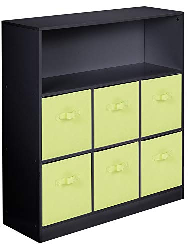 URBNLIVING Wooden Wide 7 Cubed Cupboard Bookcase Storage Units Shelves 6 Drawers Baskets (Yellow Drawer, Black Bookcase)