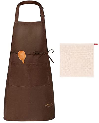 Viedouce Schürze, Wasserdicht Kochschürze mit Taschen, Verstellbarem Küchenschürze Grillschürze latzschürze für Frauen Männer Chef-Belastbar & Einfach zu Reinigen(1x Schürze Braun+ 1 x Küchentuch)
