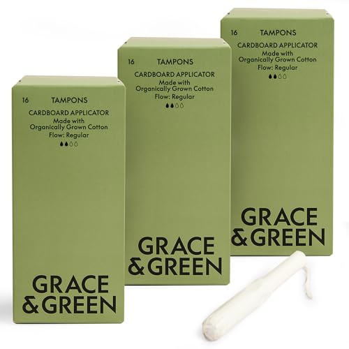 Grace & Green Eco-Friendly Applicator Tampons, Regular Size, 48 Pack | 100% Organic Cotton, Comfort & Absorption, Individually Wrapped, No Chlorine Bleach Dye or Scent, Biodegradable Applicator