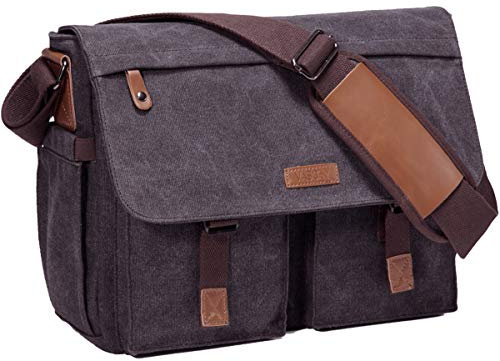 VASCHY Bolso Hombre Bandolera,Maletín Hombre para Portátil 14 Pulgadas Bolso Mensajero Lona Encera Bolsa Bandolera Ordenador Impermeable con Bandolera Acolchada (Gris Oscuro-14 Pulgadas)