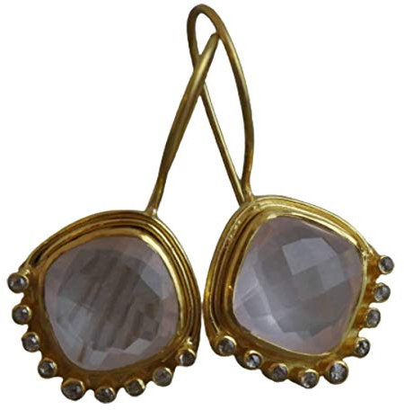 Rose Quartz and Diamond Gold Plated Sterling Silver Drop Earrings - Natural Gem Gemstone - Handmade Jewellery Gift Ideas for Her - Birthday Valentine's Mother's Day Gift (rose-quartz)