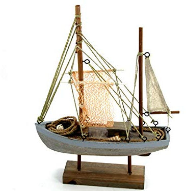 Deko-Schiff aus mit süßen Details – Maritime Holzdeko für Fensterbank, Regal, Bad, Wohnzimmer – Küstendeko im maritimen Stil für Sommerdeko & nautisches Ambiente (Fischkutter - Höhe 40,5cm)