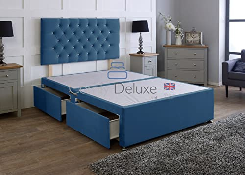 Comfy Deluxe LTD Divan Bed Base, 4FT6 Double, Navy Blue | Plush Velvet Bed Frame, 26 Inch Chesterfield Headboard, No Mattress Included, 2 Same Side Storage Drawers, UK Made