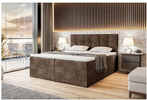 MEBLINI Boxspringbett mit Bettkasten - Gepolstert Doppelbett mit Matratze und Topper - Polsterbett mit Stauraum - Bett mit Kopfteil - Stauraumbett - RACO - 140x200 - H3/Braun Samt